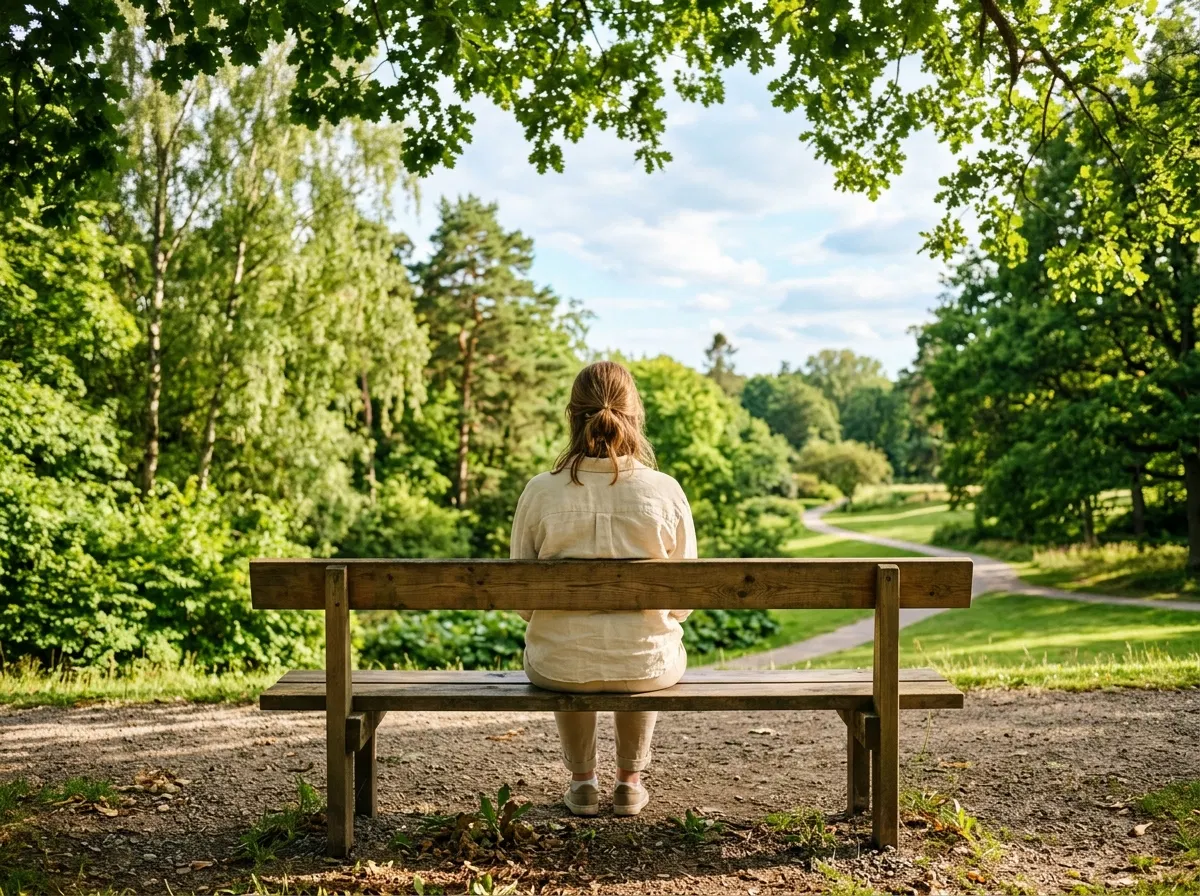 Anonym person som sitter på en parkbänk i solsken