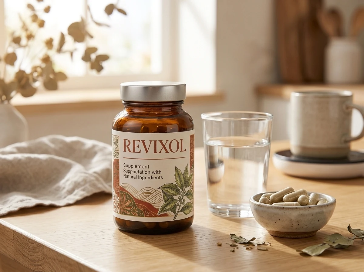 Revixol flaska med naturliga örter och glas vatten - naturliga kapslar för öronvälmående