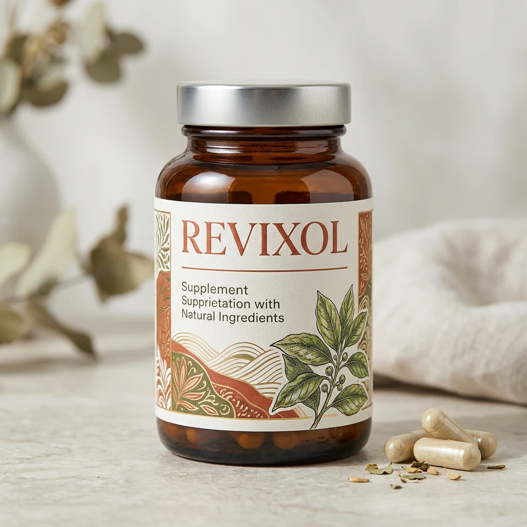 Revixol kosttillskott - mörk bärnstensfärgad flaska med orange-vit etikett
